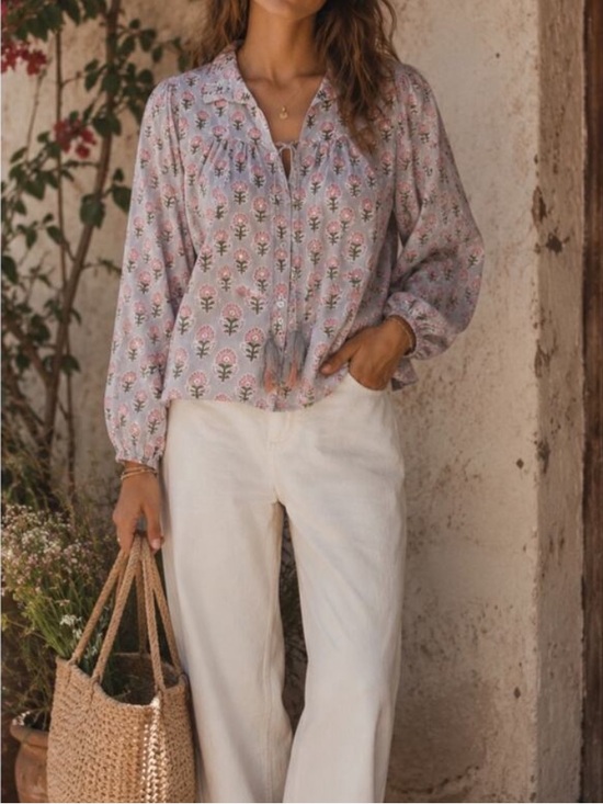 Marea By Liz Joy Tops - Marea Blouse Georgia Button Down Long Sleeve in Grey Pink Floral